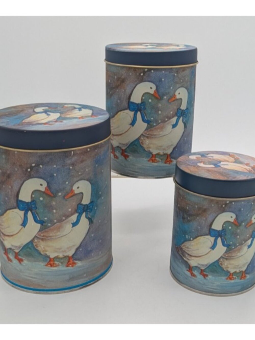 Snow Geese Goose Duck Canister Tin 3 Pc 1980's Vintage Blue Bows - Country Kitch